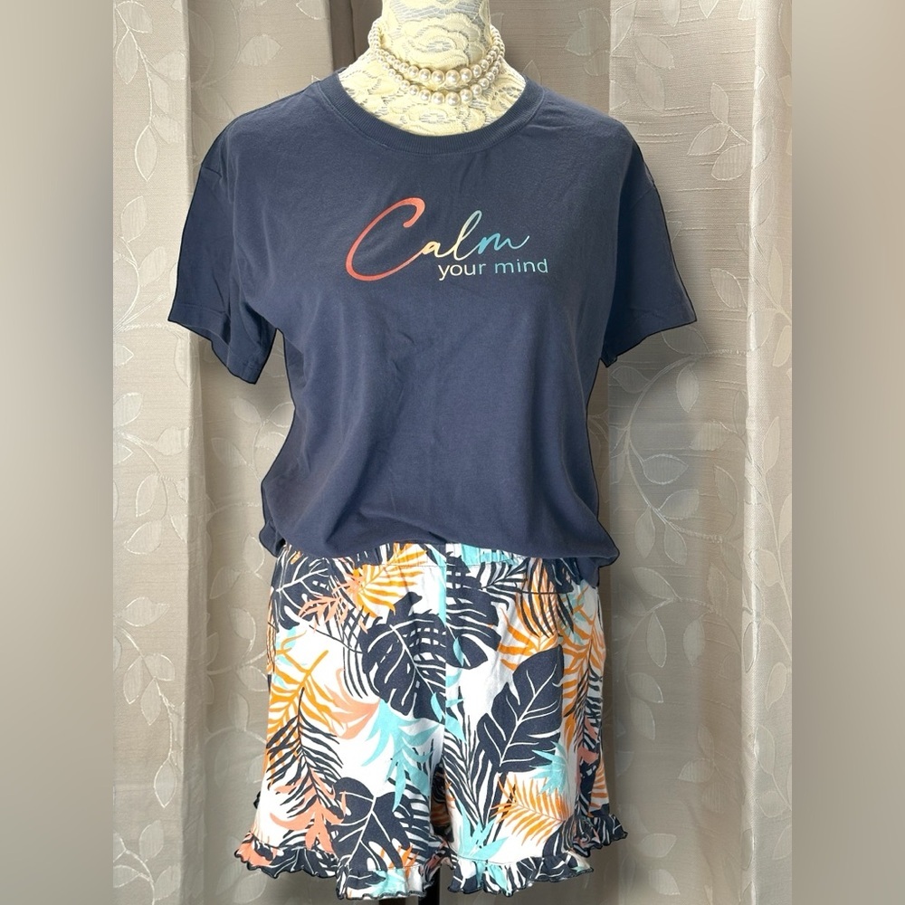 Ambrielle Sleepwear Set Small‎ Navy Tee Tropical Print Ruffle Shorts Lounge